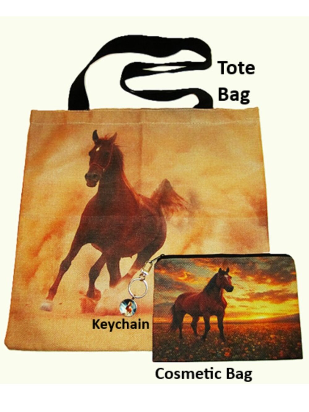 Horse Western Tote Bags. Cosmetic Bag & Keychain 15"x15" NEW